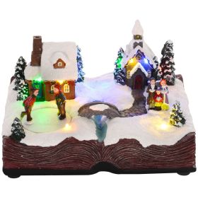 HOMCOM Christmas Village Houses, Battery Operated Santa's House Decoration with LED Lights, Music and Rotating Ice Skaters