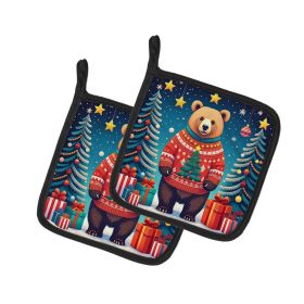 Bear Christmas Pair of Pot Holders Kitchen Heat Resistant Pot Holders Sets Oven Hot Pads for Cooking Baking BBQ, 7 1/2 x 7 1/2