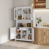 HOMCOM Freestanding Rustic Buffet with Hutch, Kitchen Pantry Cabinet, Microwave Stand with Beadboard Panel, Drawer and Adjustable Shelves, White